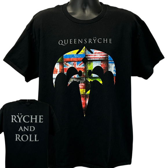 Queensryche T Shirt Mens XL X-Large Ryche and Roll Flags Rock Band Tee Black - Picture 1 of 6